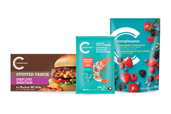 This image contains three Compliments products in boxes: Stuffed farcis, Pacific white shrimp cooked cuites, and Jumbleberry fruit blend.