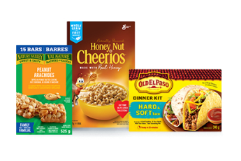 This image contains three products in boxes: Peanut Arachides, Honey-Nut Cheerios, and Old El Paso dinner kit.