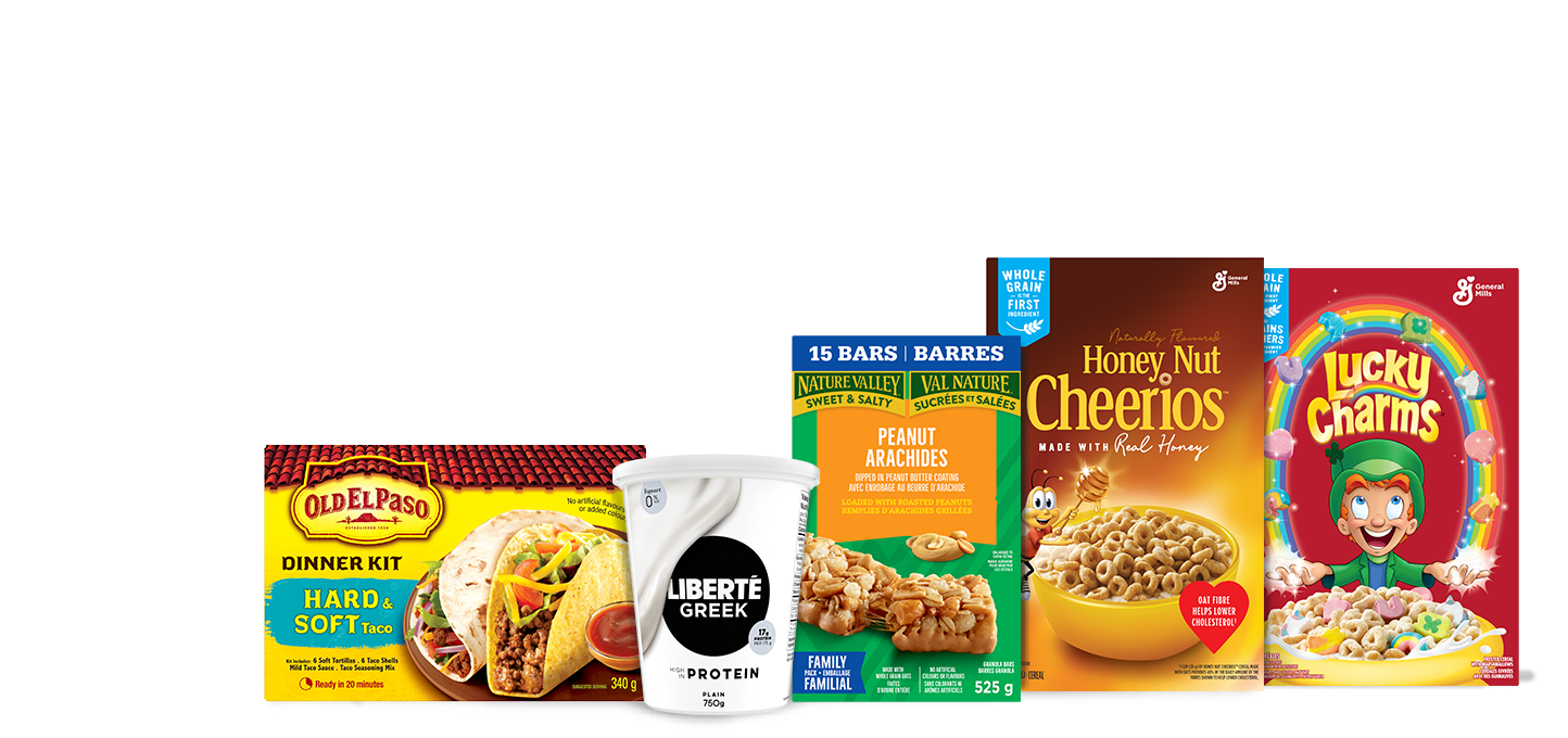 The following image contains the text: "Your family could win lunches for a year with these products: Old El Paso Hard and Soft Taco, Liberte Greek protein, Peanut Arachides, Honey-Nut Cheerios, and Lucky Charms."