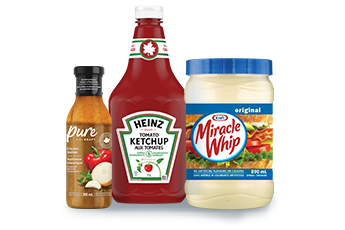 This image contains three kraft products in boxes: Pure, Heinz Tomato Ketchup, and Miracle Whip.