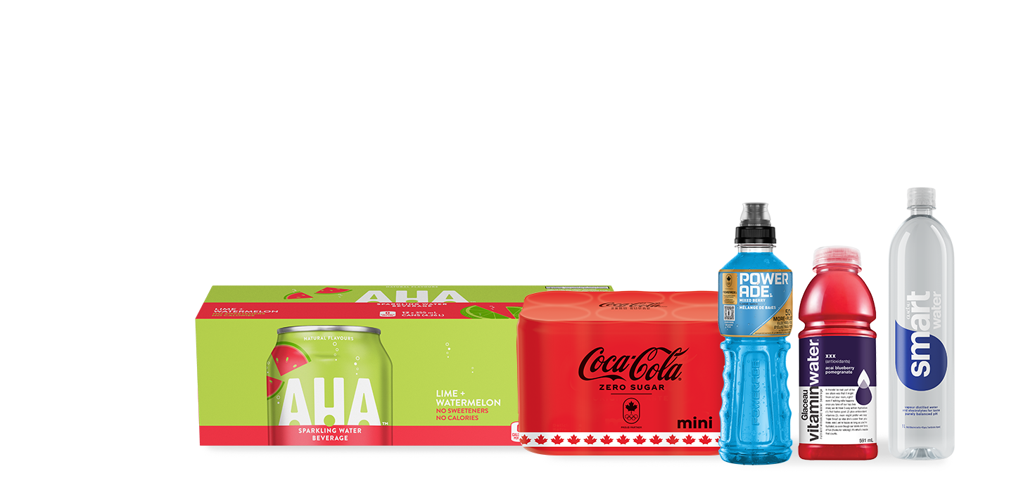 The following image contains the text: "Your family could win lunches for a year with these products: Lime+ watermelon, Mini Coca-Cola Cans and glucose vitamin water bottles, and Smart water.